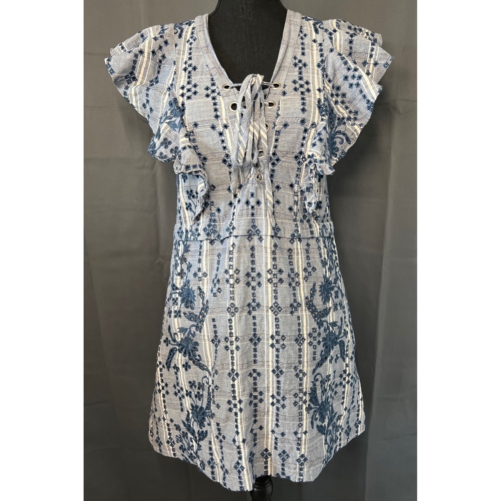 BCBGMAXAZRIA Blue Eyelet Embroidered Lace Up Flutter Sleeve Mini Dress Womens S